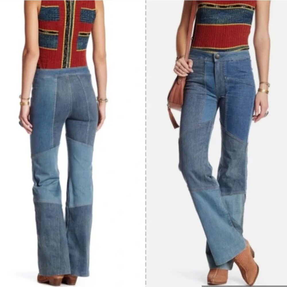 Free People Alissa's Patchwork Flare Blue Jeans